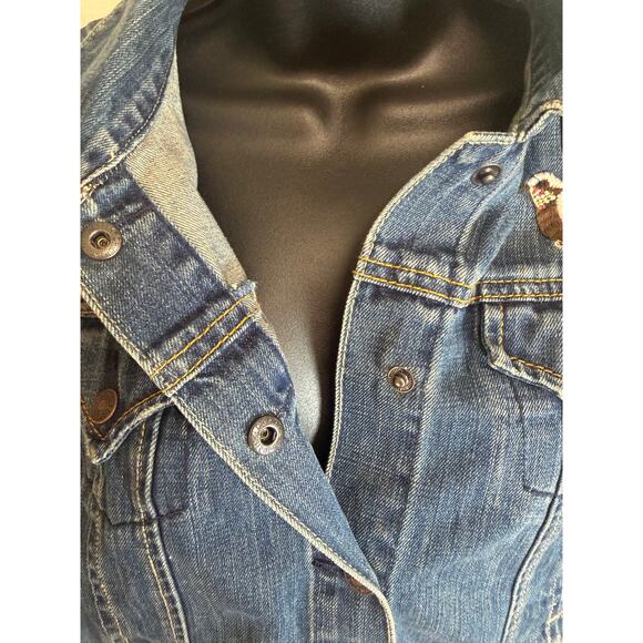 Tommy Hilfiger Denim Jacket Embroidered Bird Heart Patch Blue Trucker Womens M - Picture 3 of 11
